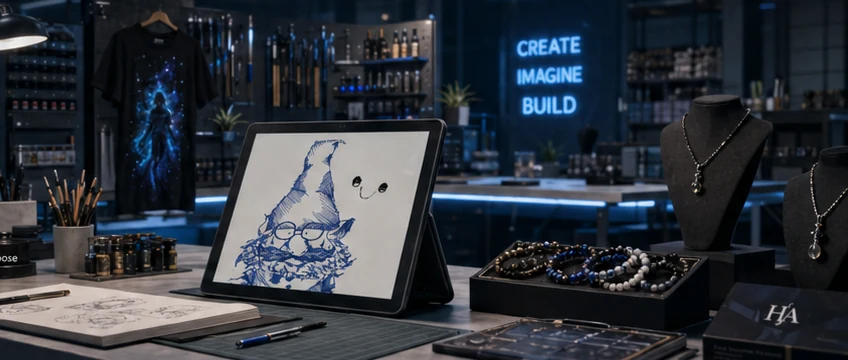 Modern creative studio with art tablet, bracelets, jewelry, painted shirt, and work tools