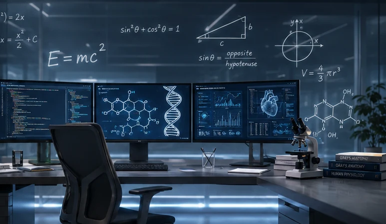 Futuristic science lab with equations, three monitors, medical and scientific imagery