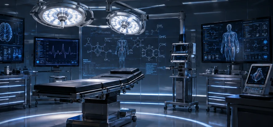 Futuristic operating room with medical monitors and surgical lights