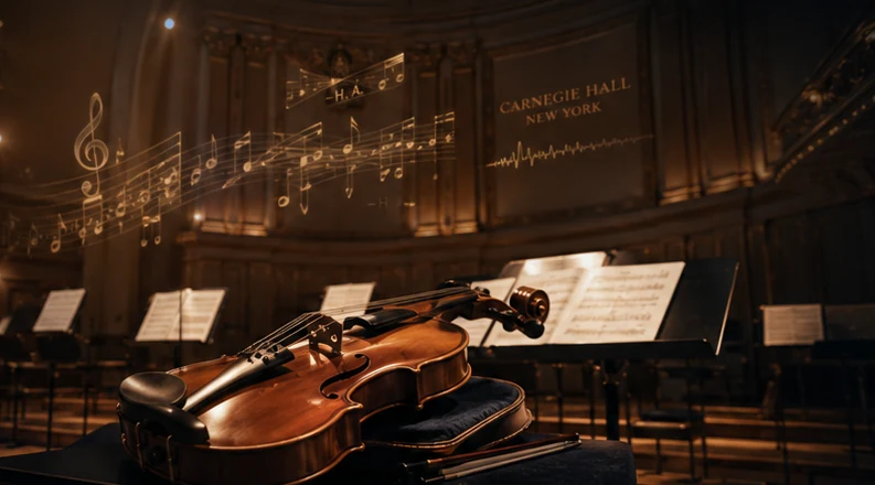 Violin in a Carnegie Hall-inspired concert setting with musical notation